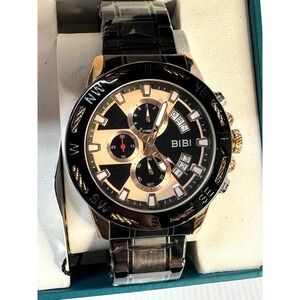 BIBI Men's Quartz Watch Black Dial Metal Band Dual Date New in Box